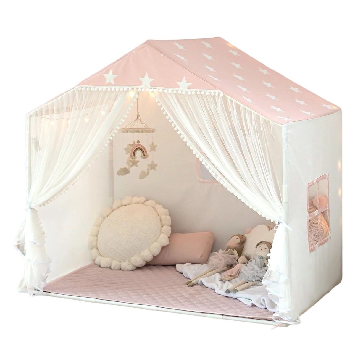 Kids Play Tent with Mat, Large Playhouse Tent with Pompoms Door Curtains, Children Play House for Girls Boys, Indoor Play Cottage (Khaki)