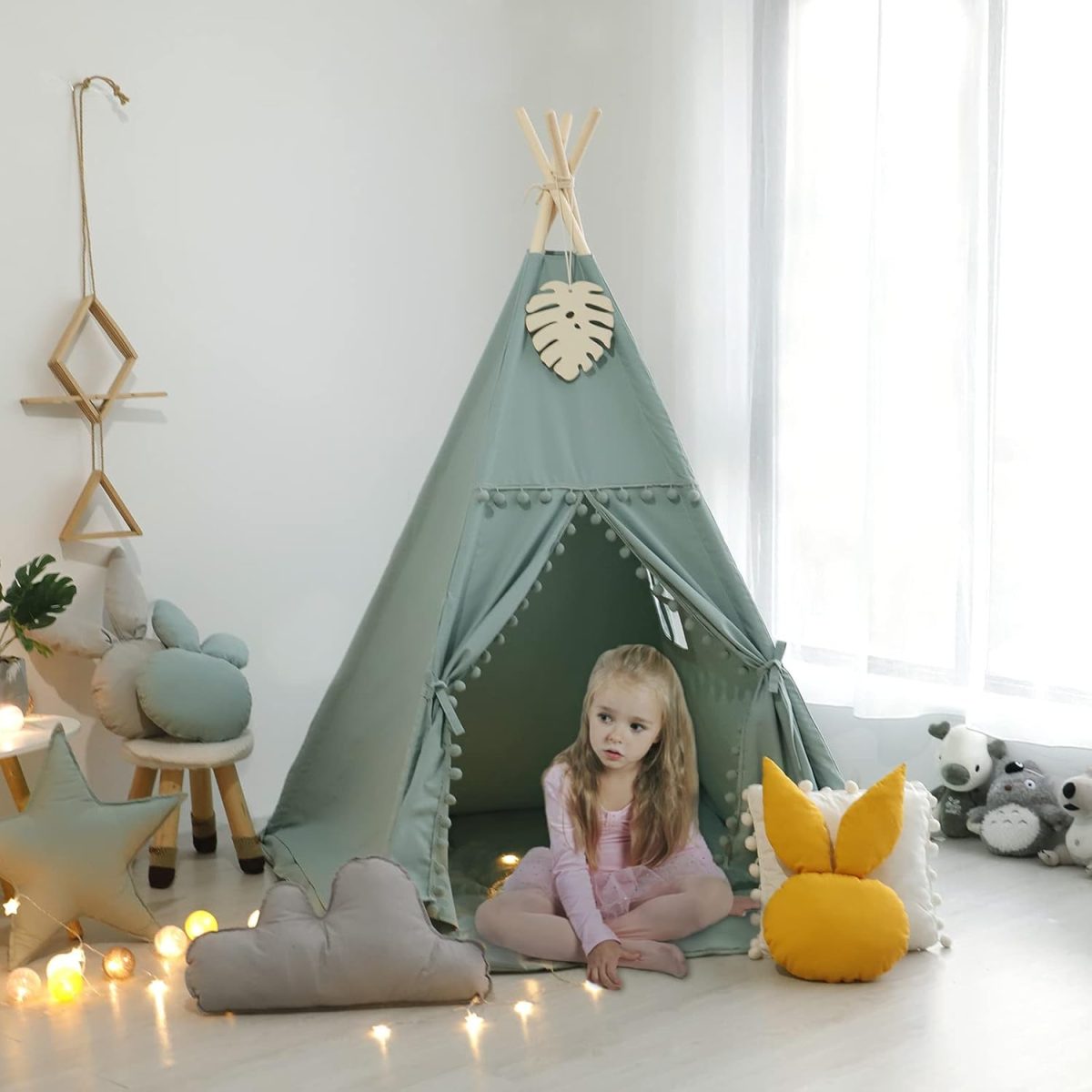 Foldable Teepee Tent for Kids Green Pompom Ball Design with Floor Mat,Carry Case,Banner,Four Ploes Classic Cute Children Playing House Indoor Outdoor Nursery Decor