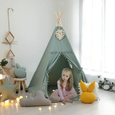 Foldable Teepee Tent for Kids Green Pompom Ball Design with Floor Mat,Carry Case,Banner,Four Ploes Classic Cute Children Playing House Indoor Outdoor Nursery Decor