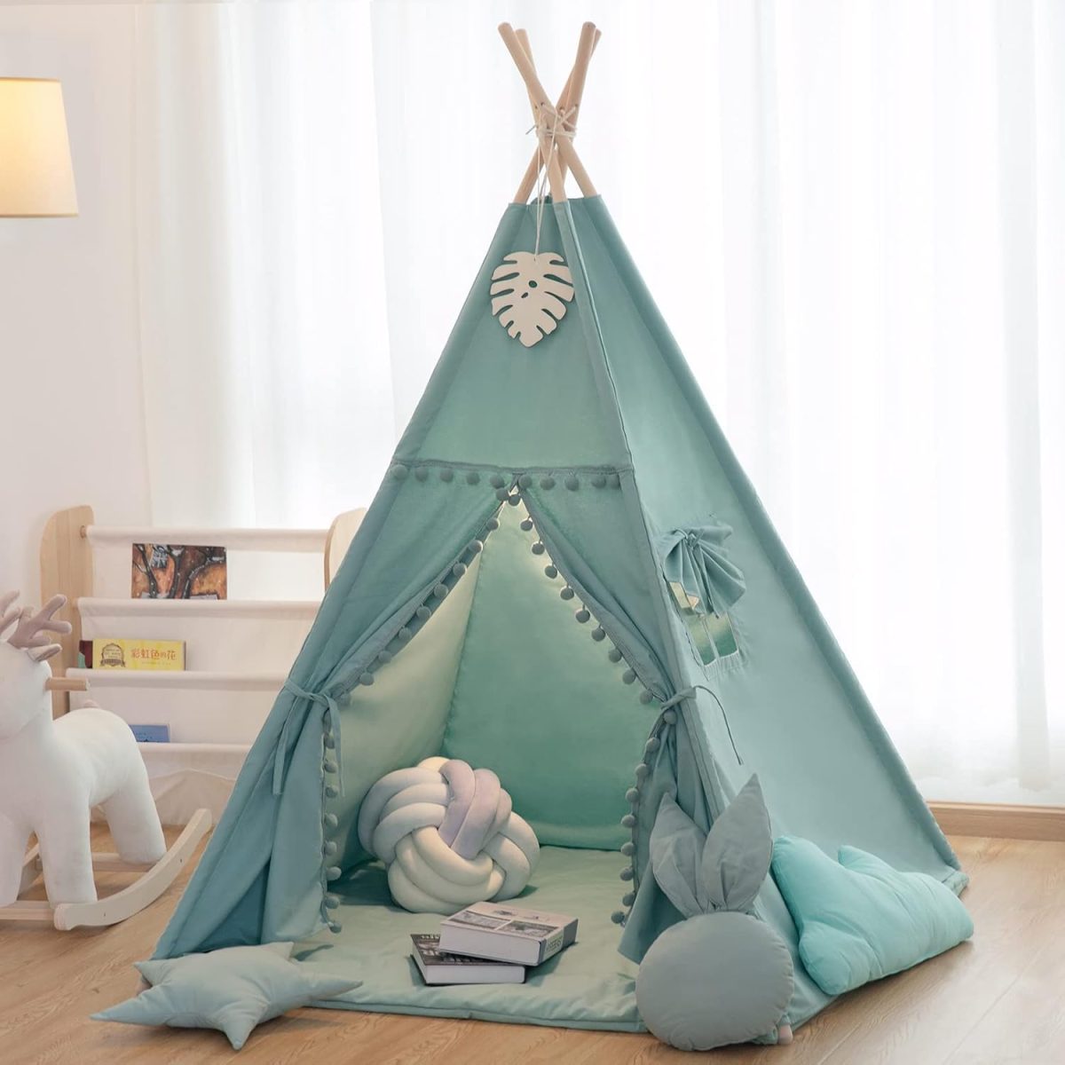 Foldable Teepee Tent for Kids Green Pompom Ball Design with Floor Mat,Carry Case,Banner,Four Ploes Classic Cute Children Playing House Indoor Outdoor Nursery Decor