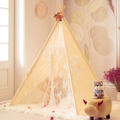 Lace Teepee Tent for Girls Tipi Tent Ivory Canvas Classic Play Tent Play House Indoors for Kids Room Décor