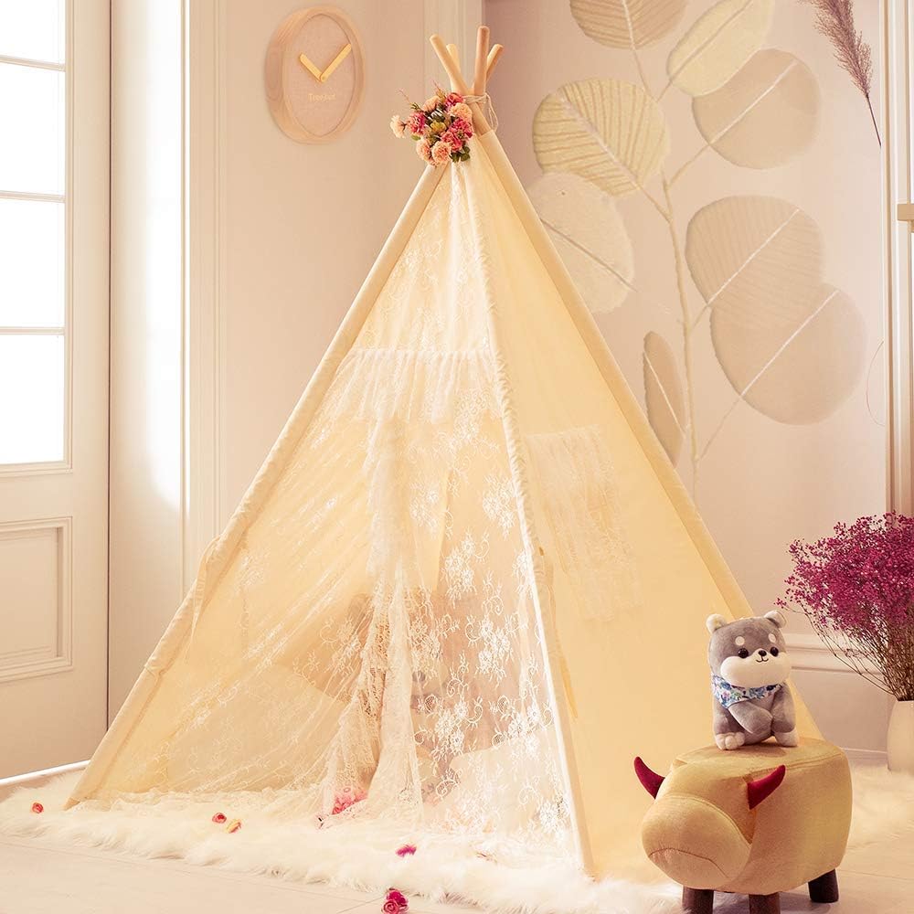 Lace Teepee Tent for Girls Tipi Tent Ivory Canvas Classic Play Tent Play House Indoors for Kids Room Décor