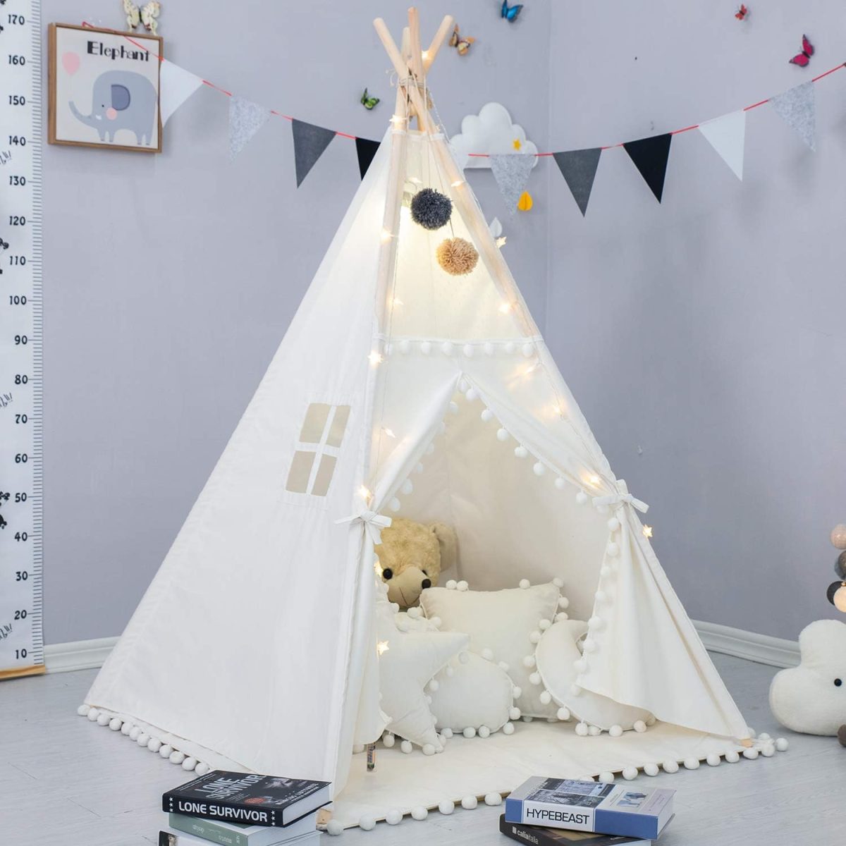 Foldable Teepee Tent for Kids Green Pompom Ball Design with Floor Mat,Carry Case,Banner,Four Ploes Classic Cute Children Playing House Indoor Outdoor Nursery Decor