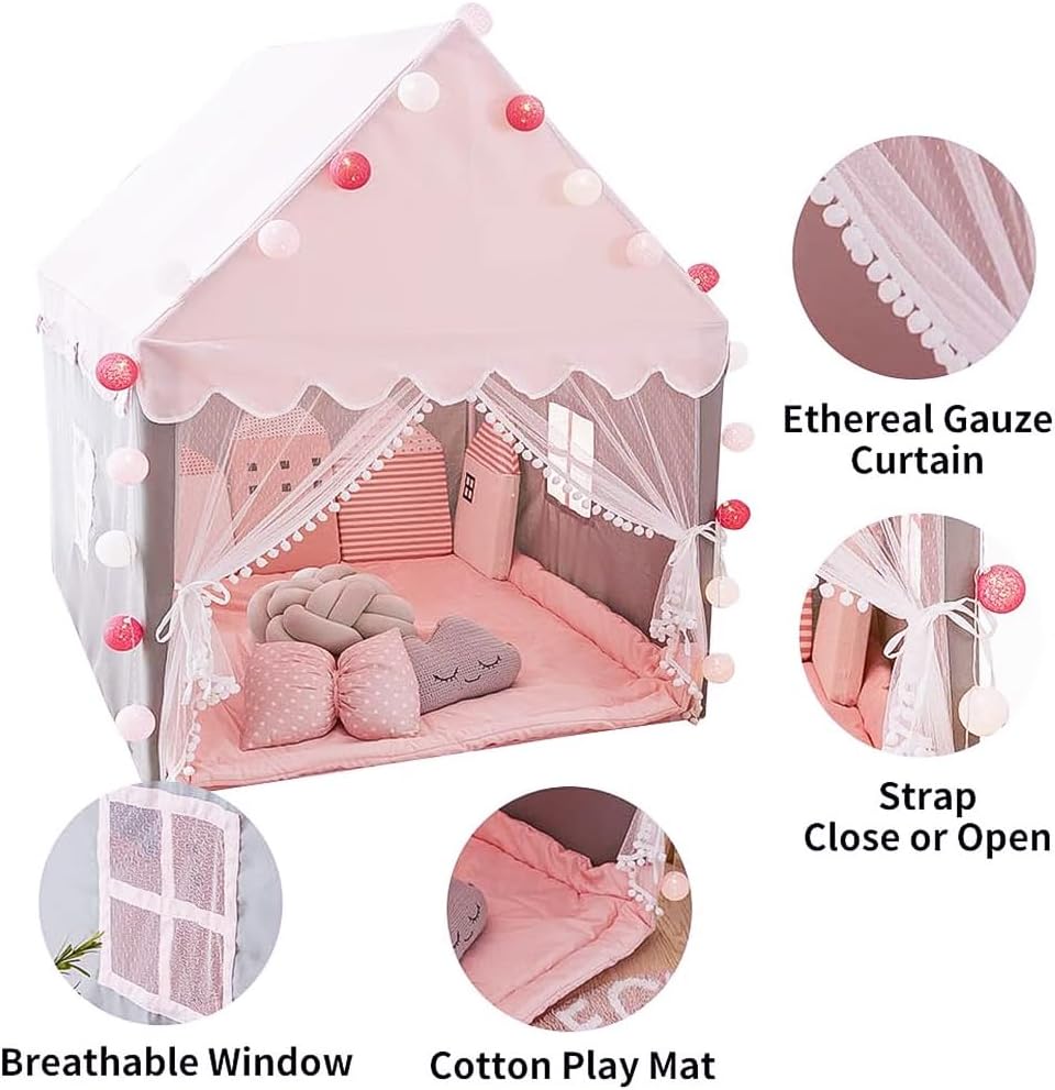 Kids Play Tent - Large Playhouse Children Play Castle Fairy Tent for Girls & Boys Birthday (Kid Tent with Padded Mat)