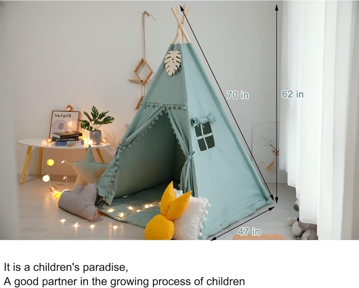 Foldable Teepee Tent for Kids Green Pompom Ball Design with Floor Mat,Carry Case,Banner,Four Ploes Classic Cute Children Playing House Indoor Outdoor Nursery Decor