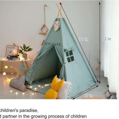 Foldable Teepee Tent for Kids Green Pompom Ball Design with Floor Mat,Carry Case,Banner,Four Ploes Classic Cute Children Playing House Indoor Outdoor Nursery Decor