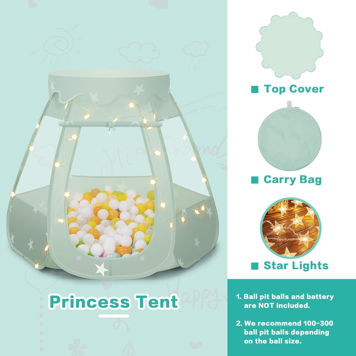 Baby Ball Pit for Toddler: with Star Lights - Pop Up Princess Play Tent for Kids - Indoor Outdoor Baby Girl Toys Birthday Gifts - NO Balls (Grayish Green Tent)