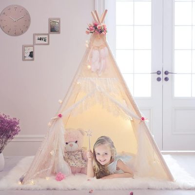 Lace Teepee Tent for Girls Tipi Tent Ivory Canvas Classic Play Tent Play House Indoors for Kids Room Décor