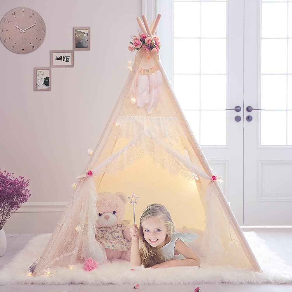 Lace Teepee Tent for Girls Tipi Tent Ivory Canvas Classic Play Tent Play House Indoors for Kids Room Décor