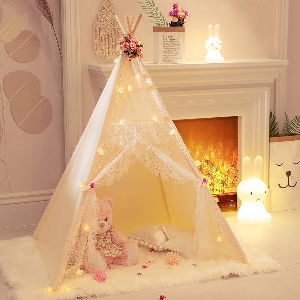 Lace Teepee Tent for Girls Tipi Tent Ivory Canvas Classic Play Tent Play House Indoors for Kids Room Décor