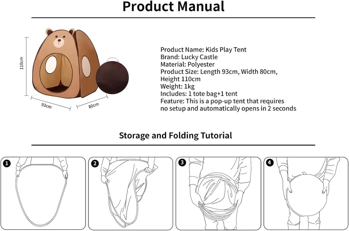 Kids Play Tent Lucky Castle Pop Up Tent for Kids Cute Tent for Boys and Girls Indoor Outdoor Play Tent with Storage Bag Perfect Kids Gift(Brown Bear)
