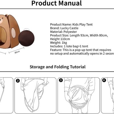 Kids Play Tent Lucky Castle Pop Up Tent for Kids Cute Tent for Boys and Girls Indoor Outdoor Play Tent with Storage Bag Perfect Kids Gift(Brown Bear)