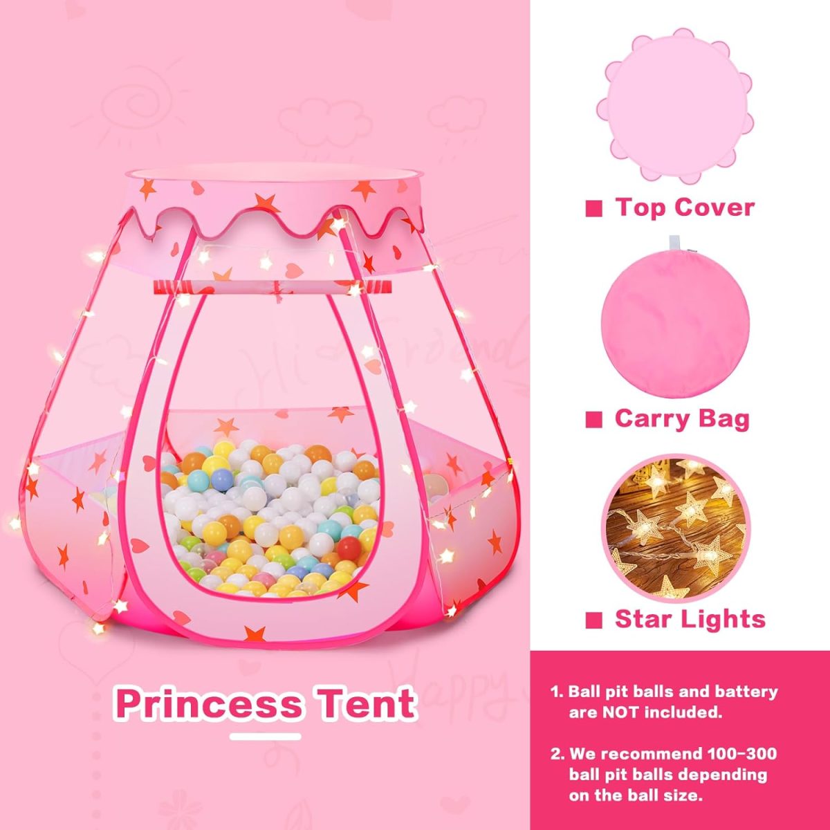 Baby Ball Pit for Toddler: with Star Lights - Pop Up Princess Play Tent for Kids - Indoor Outdoor Baby Girl Toys Birthday Gifts - NO Balls (Grayish Green Tent)