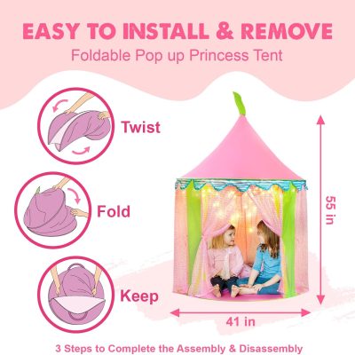 Princess-Tent with Star Lights & Carry Case, Pop Up Play-Tent, Princess Castle Indoor Playhouse, Foldable Kids Play Tent Outdoor, Toddler-Tent for Girls