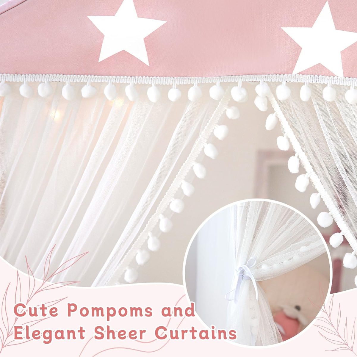 Kids Play Tent with Mat, Large Playhouse Tent with Pompoms Door Curtains, Children Play House for Girls Boys, Indoor Play Cottage (Khaki)