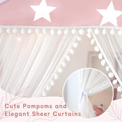 Kids Play Tent with Mat, Large Playhouse Tent with Pompoms Door Curtains, Children Play House for Girls Boys, Indoor Play Cottage (Khaki)