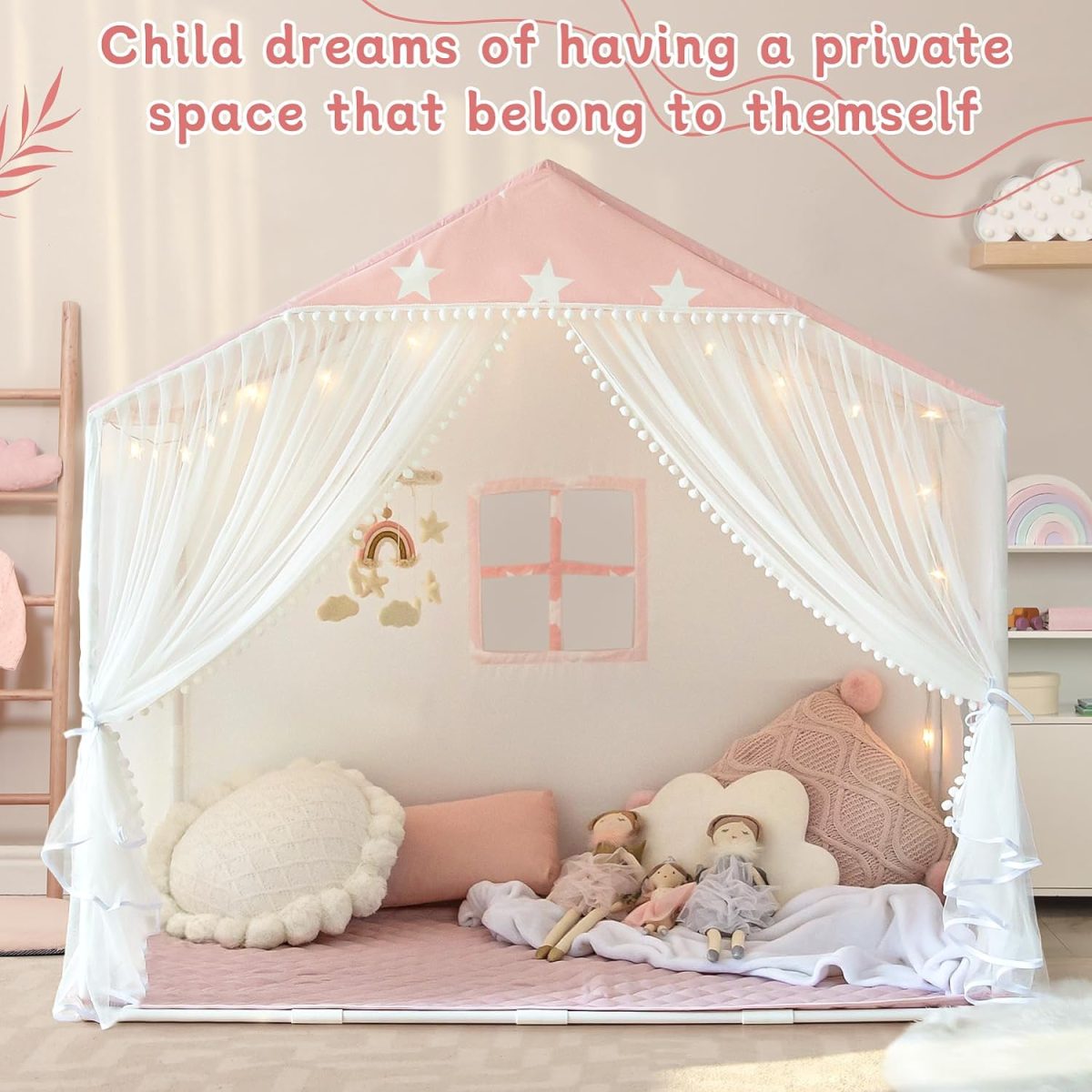 Kids Play Tent with Mat, Large Playhouse Tent with Pompoms Door Curtains, Children Play House for Girls Boys, Indoor Play Cottage (Khaki)