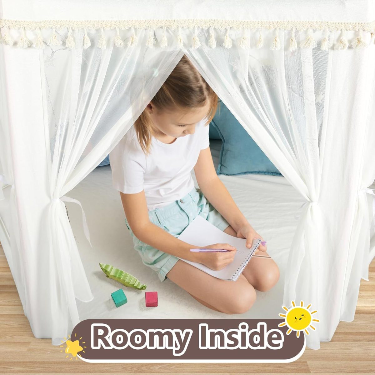 White Princess Tent Girls Tassel Decor Large Playhouse Kids Castle Play Tent with Star Lights Toy for Children Indoor and Outdoor Games, 55'' x 53'' (White Princess Tent with Tassel)