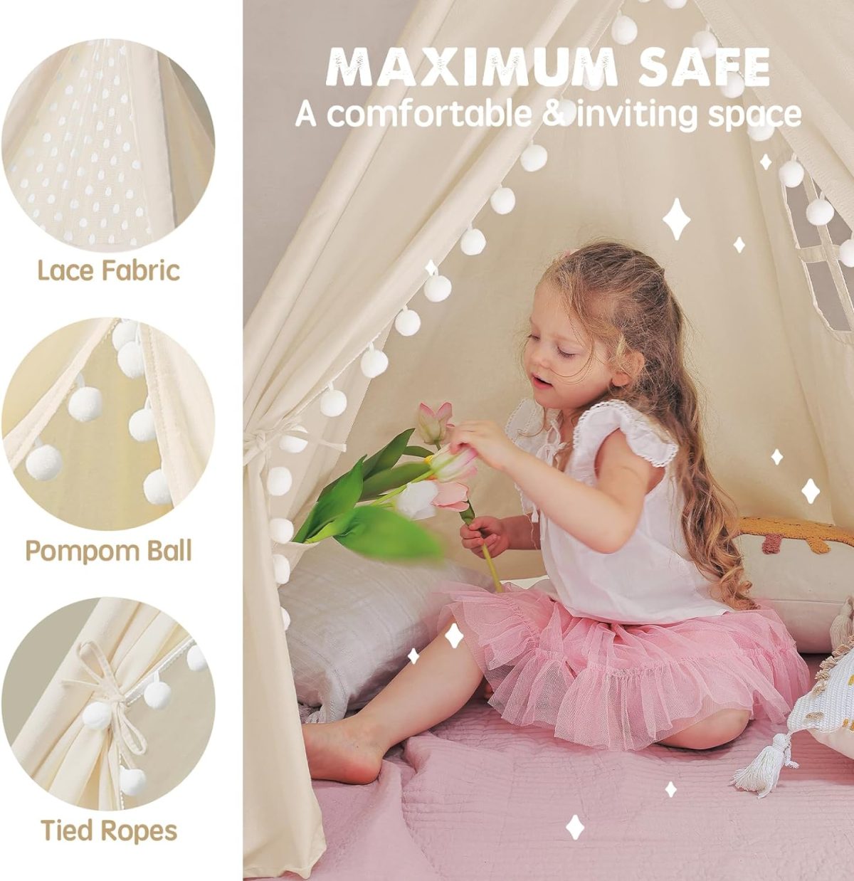 Teepee Tent for Kids Tent Indoor, Canvas Toddler Tent - Kids Teepee Tent for Girls & Boys, Washable Tipi Tent Kids Boho Tent - Foldable Kids Play Tent