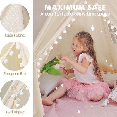 Teepee Tent for Kids Tent Indoor, Canvas Toddler Tent - Kids Teepee Tent for Girls & Boys, Washable Tipi Tent Kids Boho Tent - Foldable Kids Play Tent