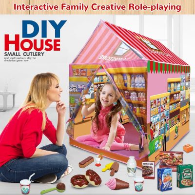 Kids Play Tent Indoor Playhouse, 115 PCS Kids Supermarket Play Tent Playset with Pretend Food Toy for Toddlers, Super Store Shopping Role Play Toy Set for Boys & Girls Age 3 4 5 6 7 8 Years Old