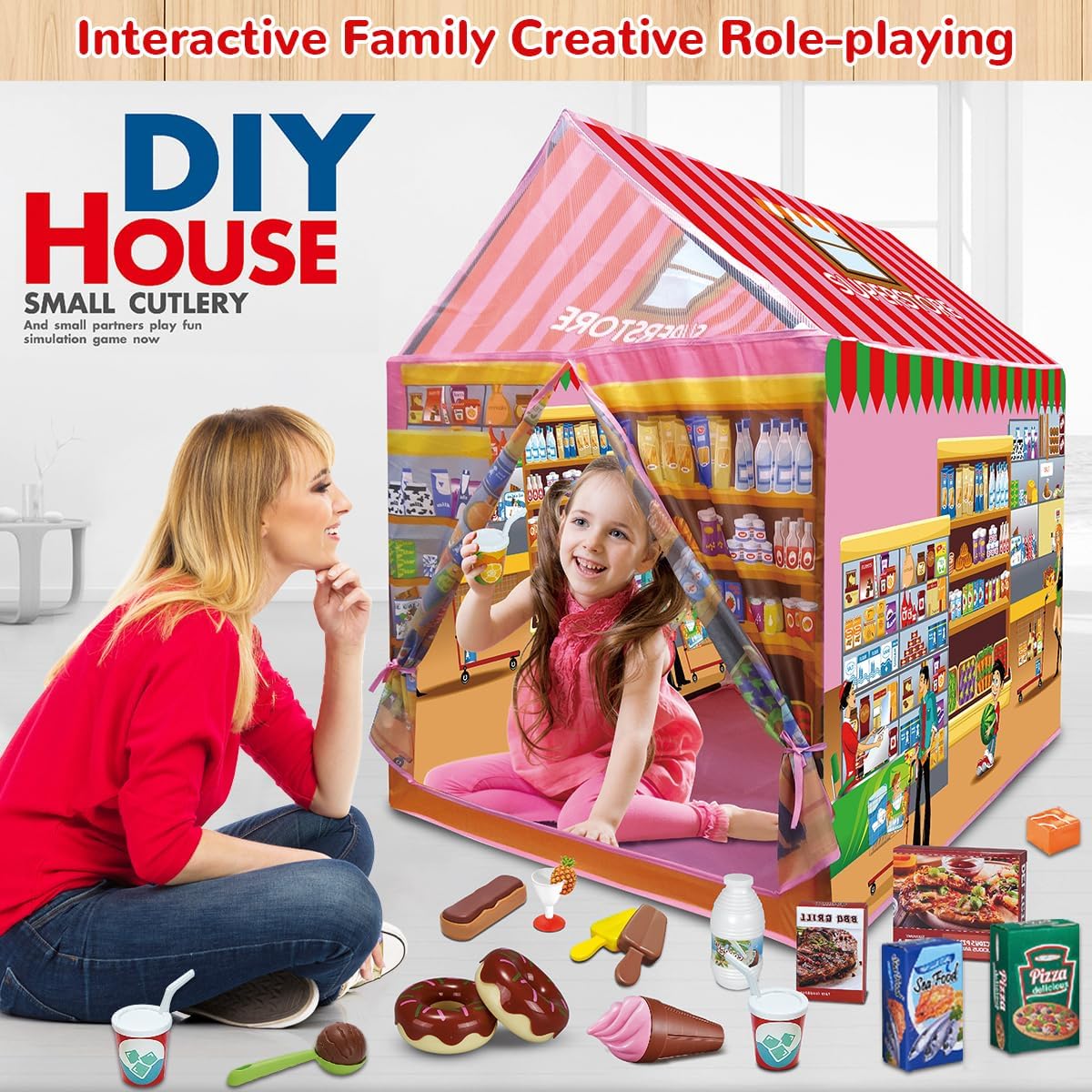 Kids Play Tent Indoor Playhouse, 115 PCS Kids Supermarket Play Tent Playset with Pretend Food Toy for Toddlers, Super Store Shopping Role Play Toy Set for Boys & Girls Age 3 4 5 6 7 8 Years Old