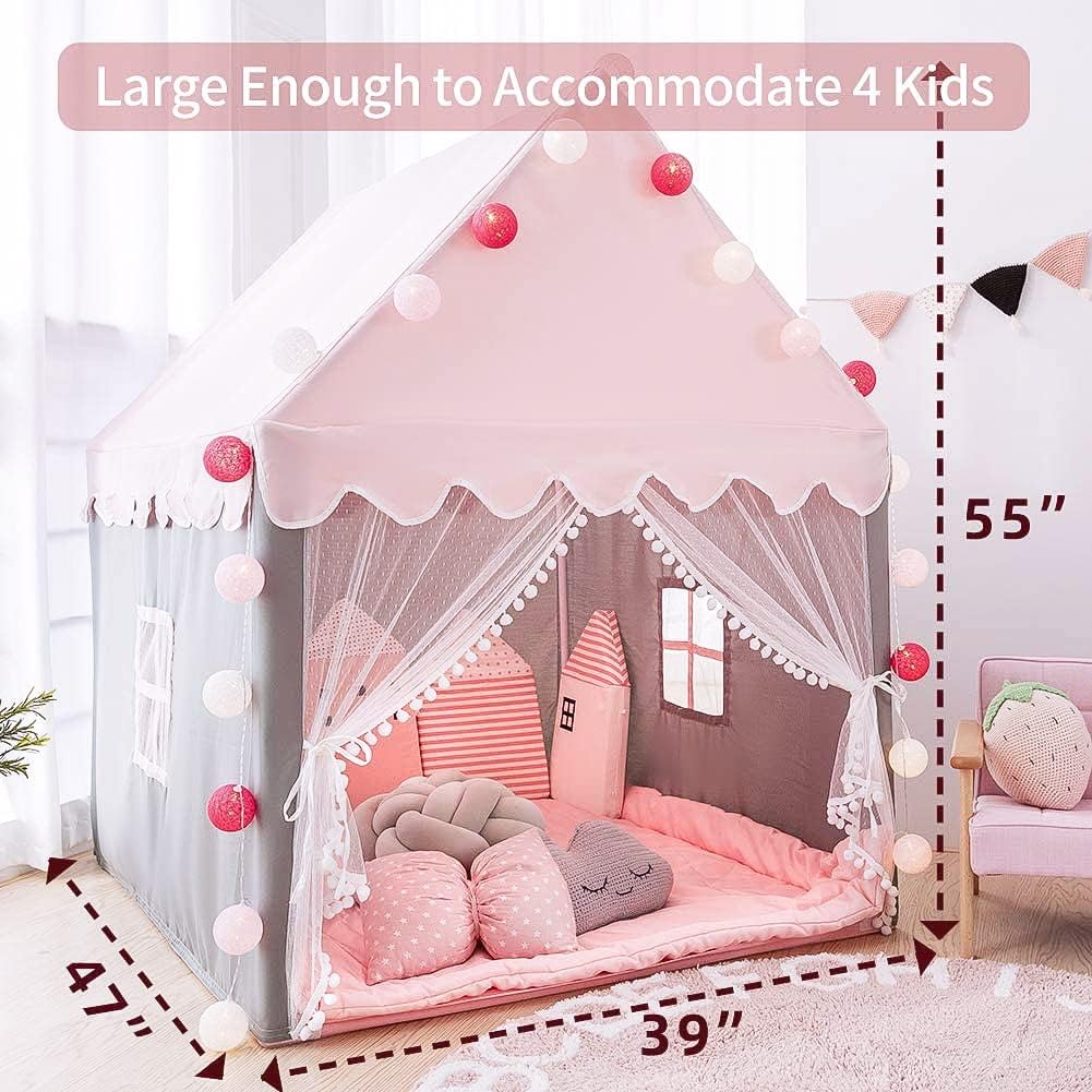 Kids Play Tent - Large Playhouse Children Play Castle Fairy Tent for Girls & Boys Birthday (Kid Tent with Padded Mat)