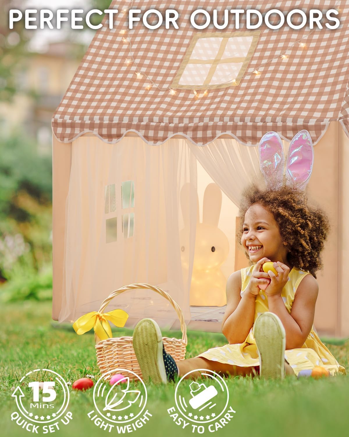 Kids Play Tent, Playhouse for Kids Indoor & Outdoor, Kids Tent with Star Light, Flags and Carry Bag, Washable Kids Tent for Girls & Boys (Without Mat)