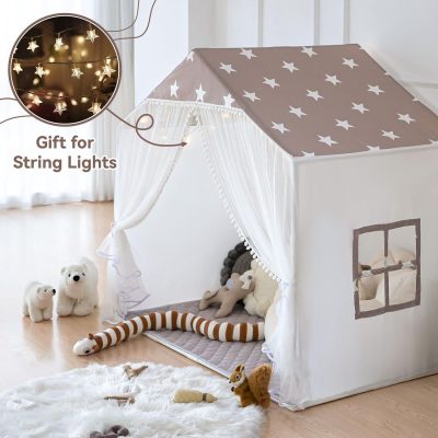Kids Play Tent with Mat, Large Playhouse Tent with Pompoms Door Curtains, Children Play House for Girls Boys, Indoor Play Cottage (Khaki)
