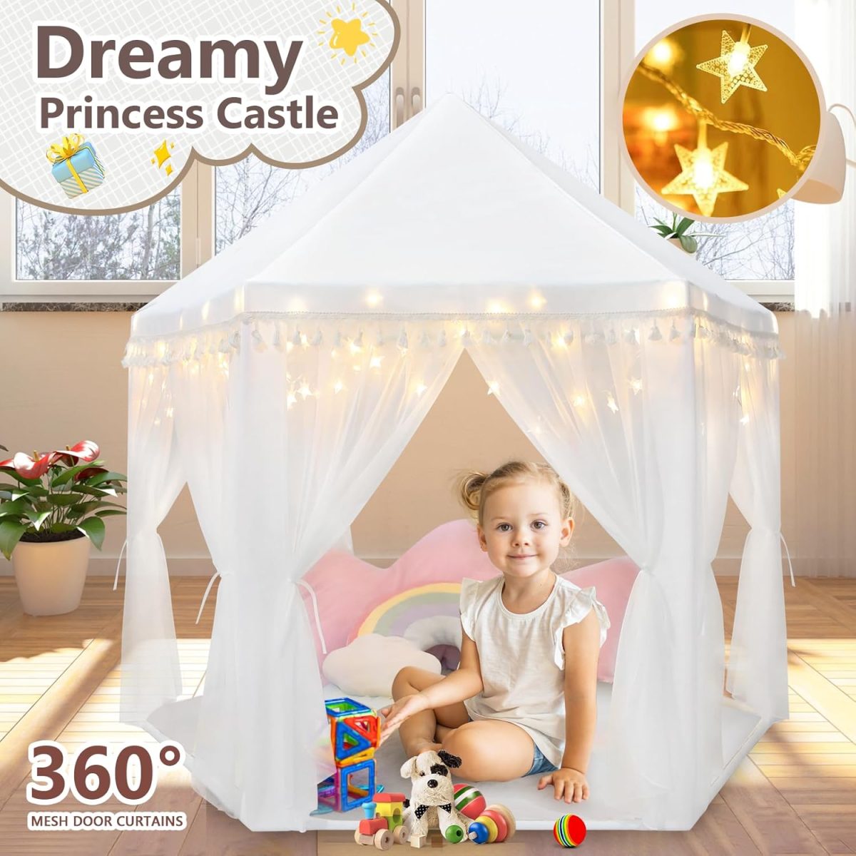White Princess Tent Girls Tassel Decor Large Playhouse Kids Castle Play Tent with Star Lights Toy for Children Indoor and Outdoor Games, 55'' x 53'' (White Princess Tent with Tassel)