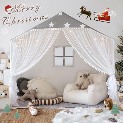 Kids Play Tent with Mat, Large Playhouse Tent with Pompoms Door Curtains, Children Play House for Girls Boys, Indoor Play Cottage (Khaki)