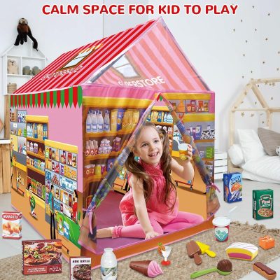Kids Play Tent Indoor Playhouse, 115 PCS Kids Supermarket Play Tent Playset with Pretend Food Toy for Toddlers, Super Store Shopping Role Play Toy Set for Boys & Girls Age 3 4 5 6 7 8 Years Old