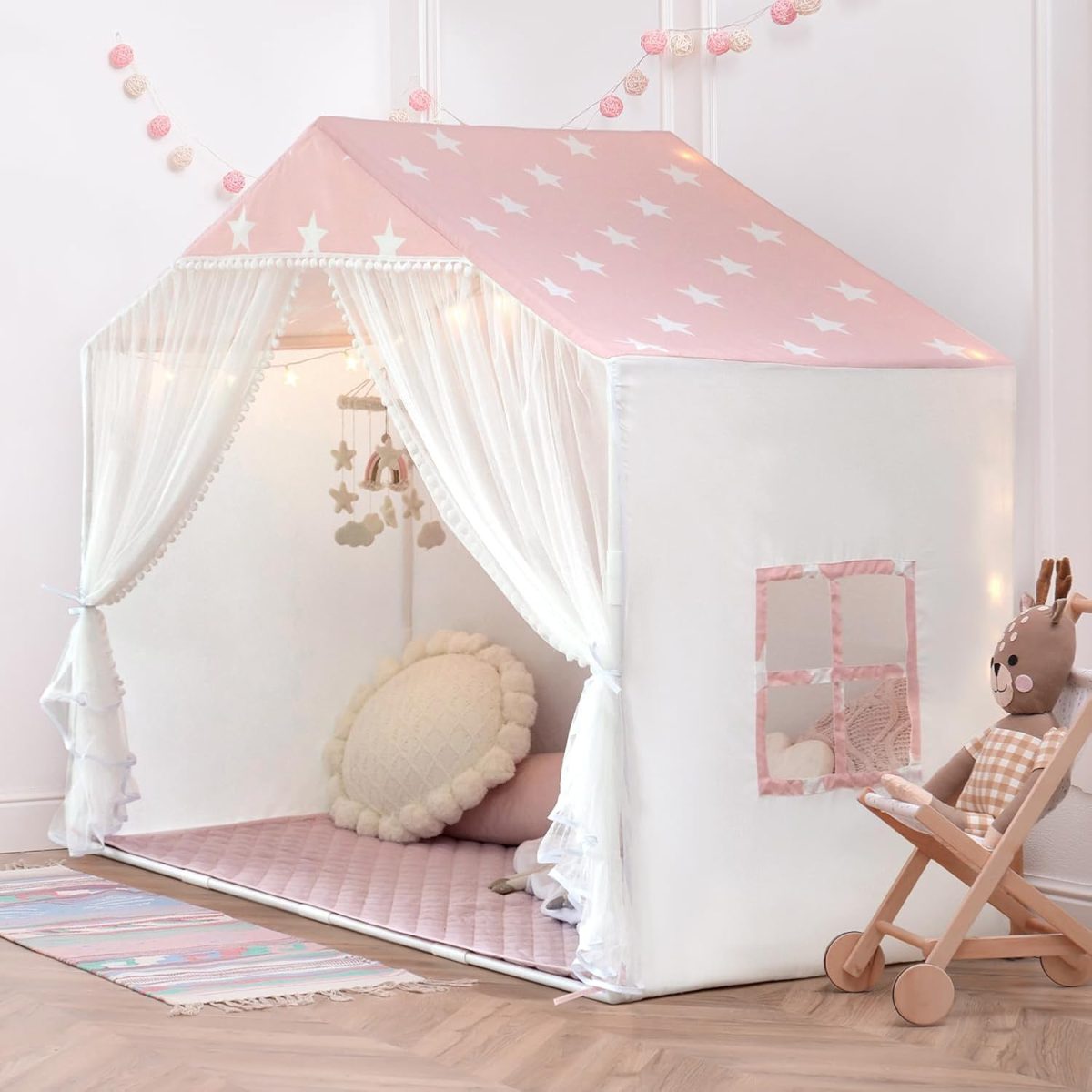 Kids Play Tent with Mat, Large Playhouse Tent with Pompoms Door Curtains, Children Play House for Girls Boys, Indoor Play Cottage (Khaki)