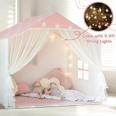 Kids Play Tent with Mat, Large Playhouse Tent with Pompoms Door Curtains, Children Play House for Girls Boys, Indoor Play Cottage (Khaki)