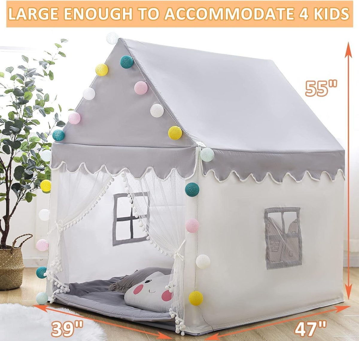 Kids Play Tent - Large Playhouse Children Play Castle Fairy Tent for Girls & Boys Birthday (Kid Tent with Padded Mat)