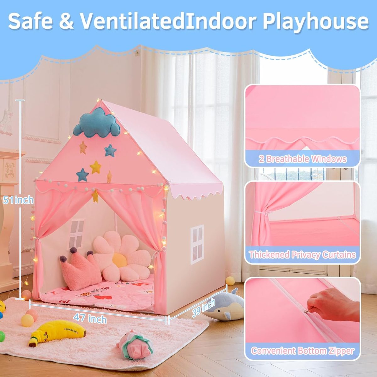 Kids Tent with Padded Mat, Kids Play Tents for Toddlers, Pink Girls Princess Tents Playhouse for Indoor Outdoor, Tent Gift Toys for Girl Toddler Children, 47x39x51inch