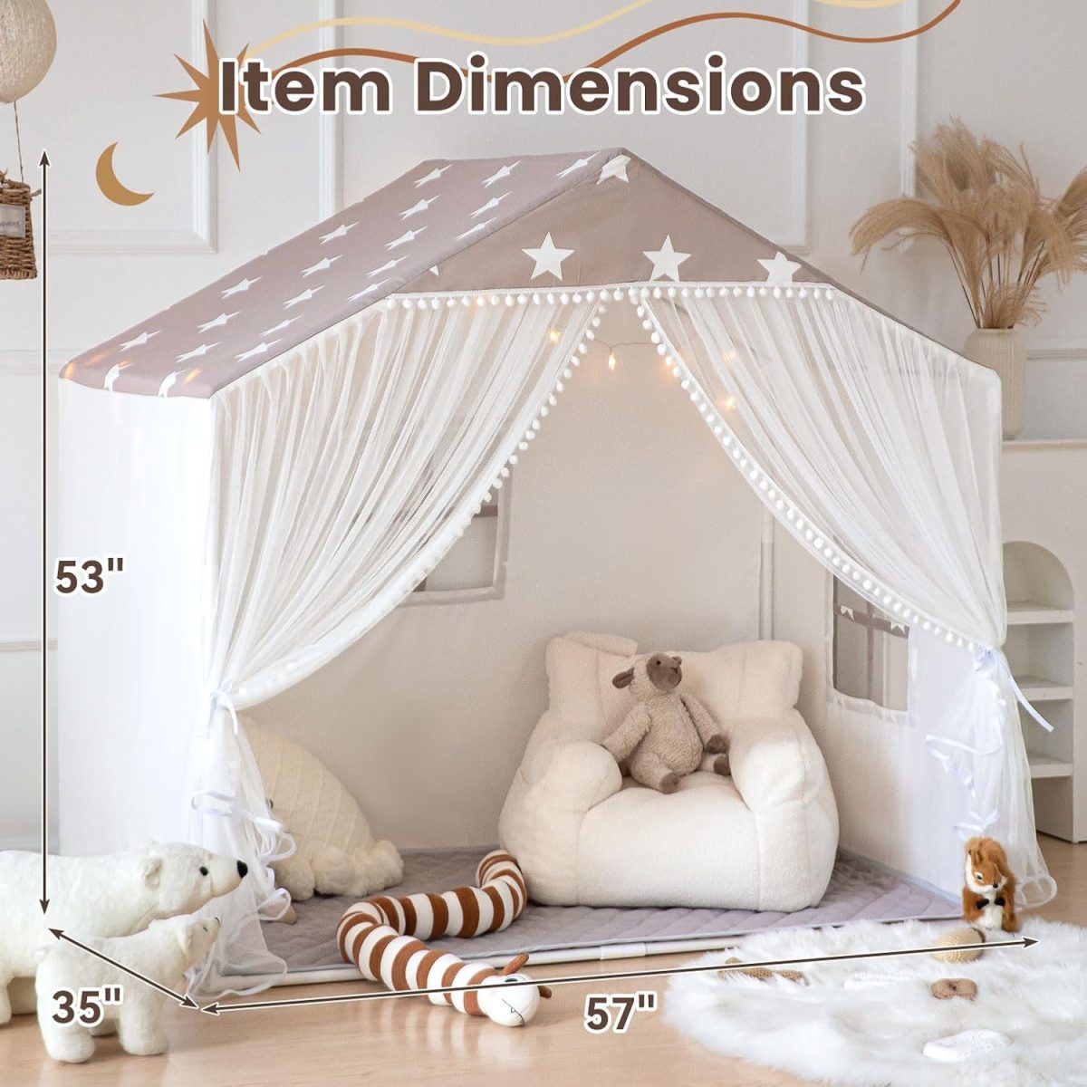Kids Play Tent with Mat, Large Playhouse Tent with Pompoms Door Curtains, Children Play House for Girls Boys, Indoor Play Cottage (Khaki)