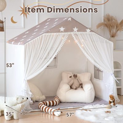 Kids Play Tent with Mat, Large Playhouse Tent with Pompoms Door Curtains, Children Play House for Girls Boys, Indoor Play Cottage (Khaki)