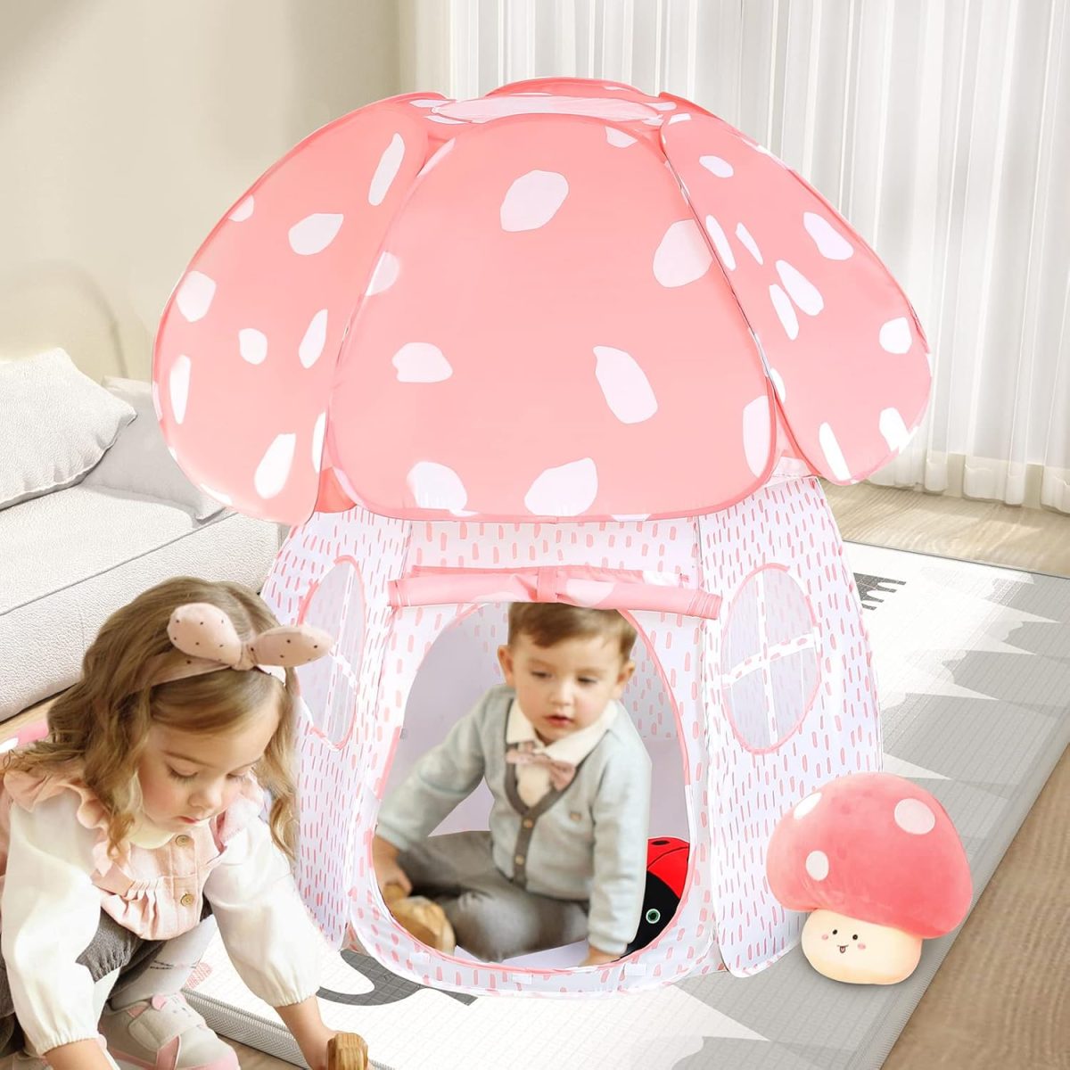 Play Tent for Kids Pop Up Tent Indoor Outdoor Boys and Girls Playhouse with Exquisite Design for Imaginative Mushroom Tent by CRAWLBO Patented (Pink, Small)