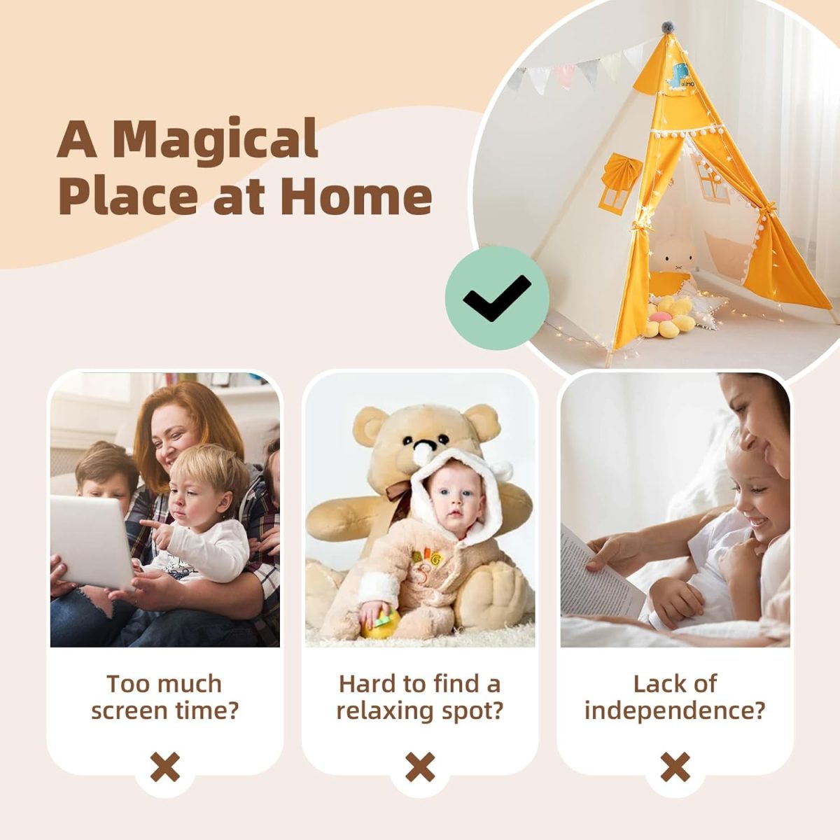 Teepee Tent for Kids，Kids Play Tent Indoor Outdoor Indian Tents Boys Girls Playhouse Cotton Canvas Tipi with Carry Bag