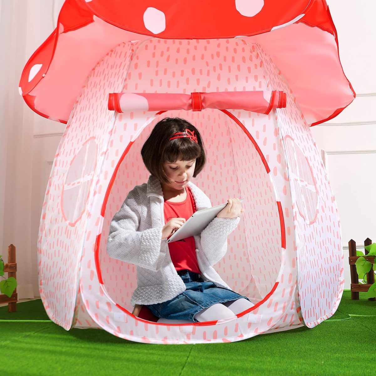 Play Tent for Kids Pop Up Tent Indoor Outdoor Boys and Girls Playhouse with Exquisite Design for Imaginative Mushroom Tent by CRAWLBO Patented (Pink, Small)