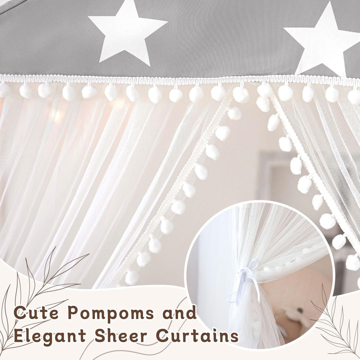 Kids Play Tent with Mat, Large Playhouse Tent with Pompoms Door Curtains, Children Play House for Girls Boys, Indoor Play Cottage (Khaki)