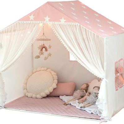 Kids Play Tent with Mat, Large Playhouse Tent with Pompoms Door Curtains, Children Play House for Girls Boys, Indoor Play Cottage (Khaki)