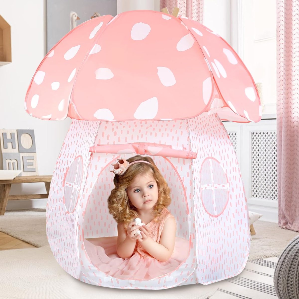 Play Tent for Kids Pop Up Tent Indoor Outdoor Boys and Girls Playhouse with Exquisite Design for Imaginative Mushroom Tent by CRAWLBO Patented (Pink, Small)