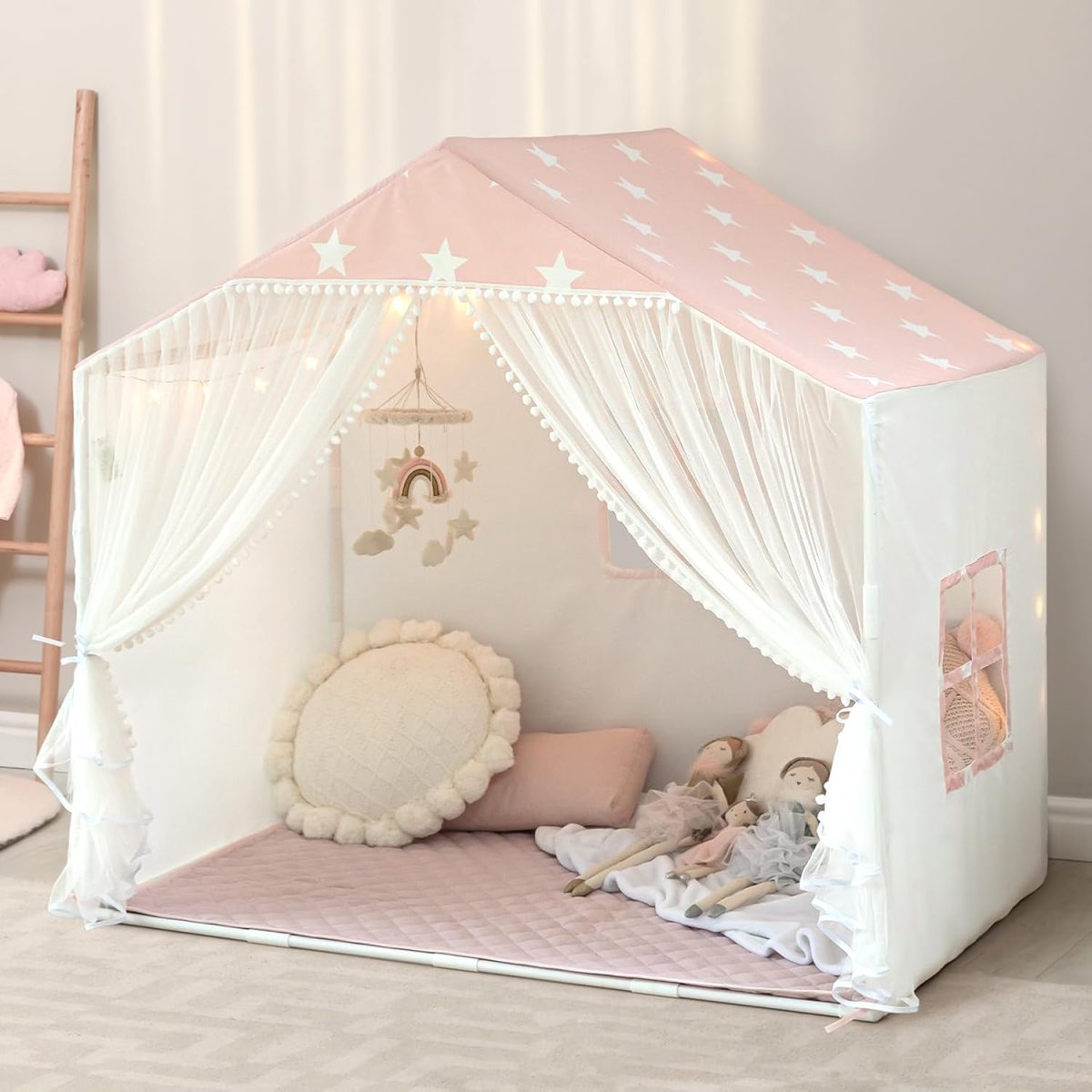 Kids Play Tent with Mat, Large Playhouse Tent with Pompoms Door Curtains, Children Play House for Girls Boys, Indoor Play Cottage (Khaki)