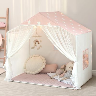 Kids Play Tent with Mat, Large Playhouse Tent with Pompoms Door Curtains, Children Play House for Girls Boys, Indoor Play Cottage (Khaki)