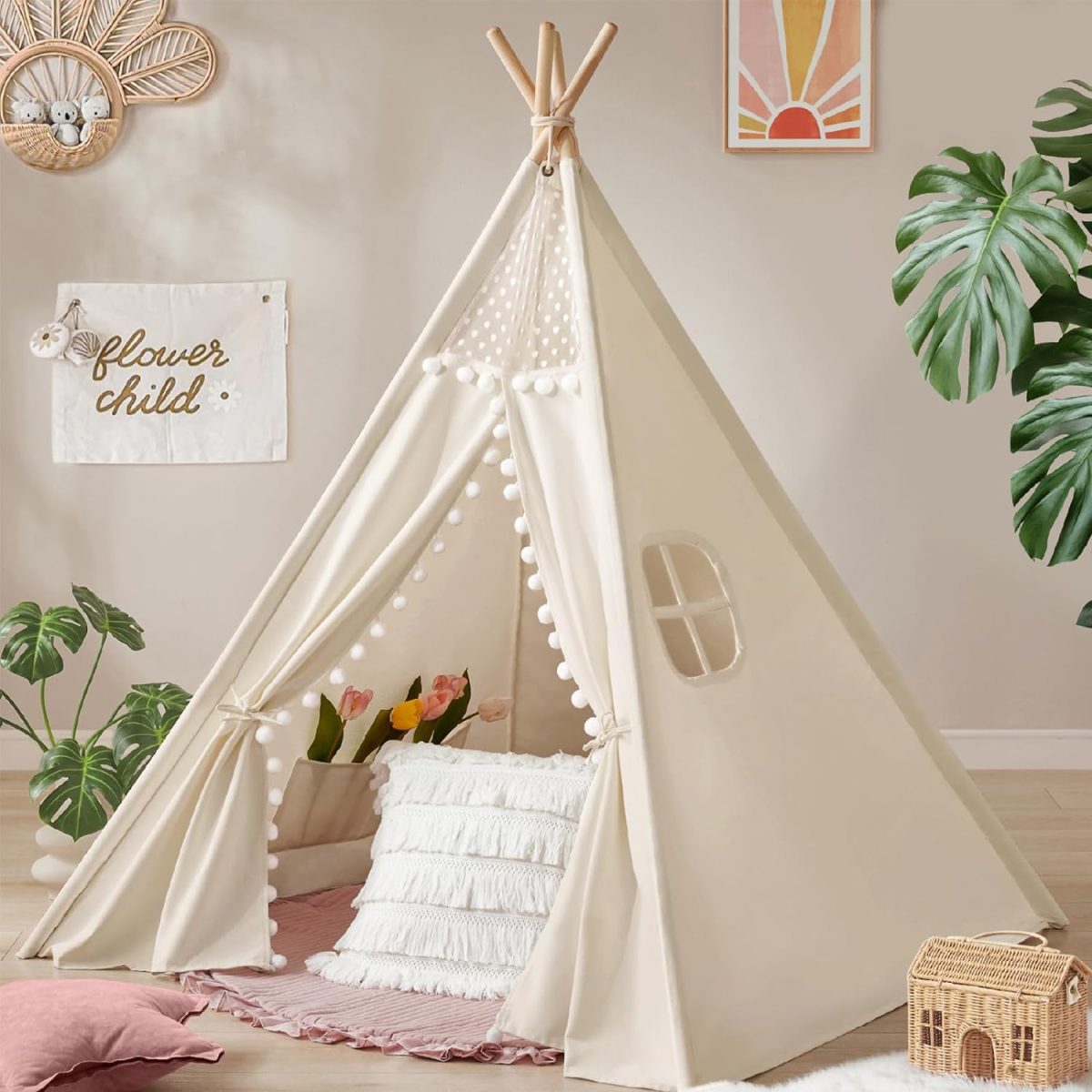 Teepee Tent for Kids Tent Indoor, Canvas Toddler Tent - Kids Teepee Tent for Girls & Boys, Washable Tipi Tent Kids Boho Tent - Foldable Kids Play Tent