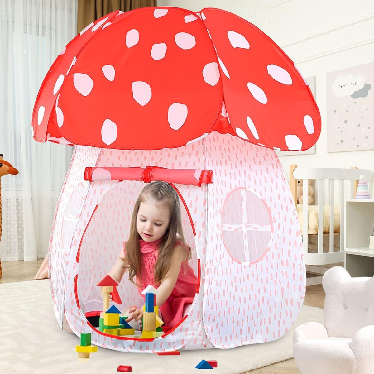 Play Tent for Kids Pop Up Tent Indoor Outdoor Boys and Girls Playhouse with Exquisite Design for Imaginative Mushroom Tent by CRAWLBO Patented (Pink, Small)