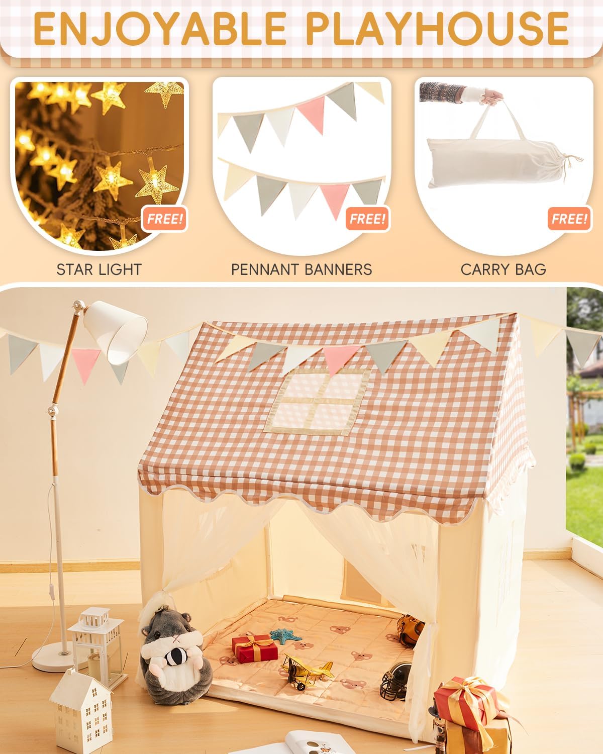 Kids Play Tent, Playhouse for Kids Indoor & Outdoor, Kids Tent with Star Light, Flags and Carry Bag, Washable Kids Tent for Girls & Boys (Without Mat)