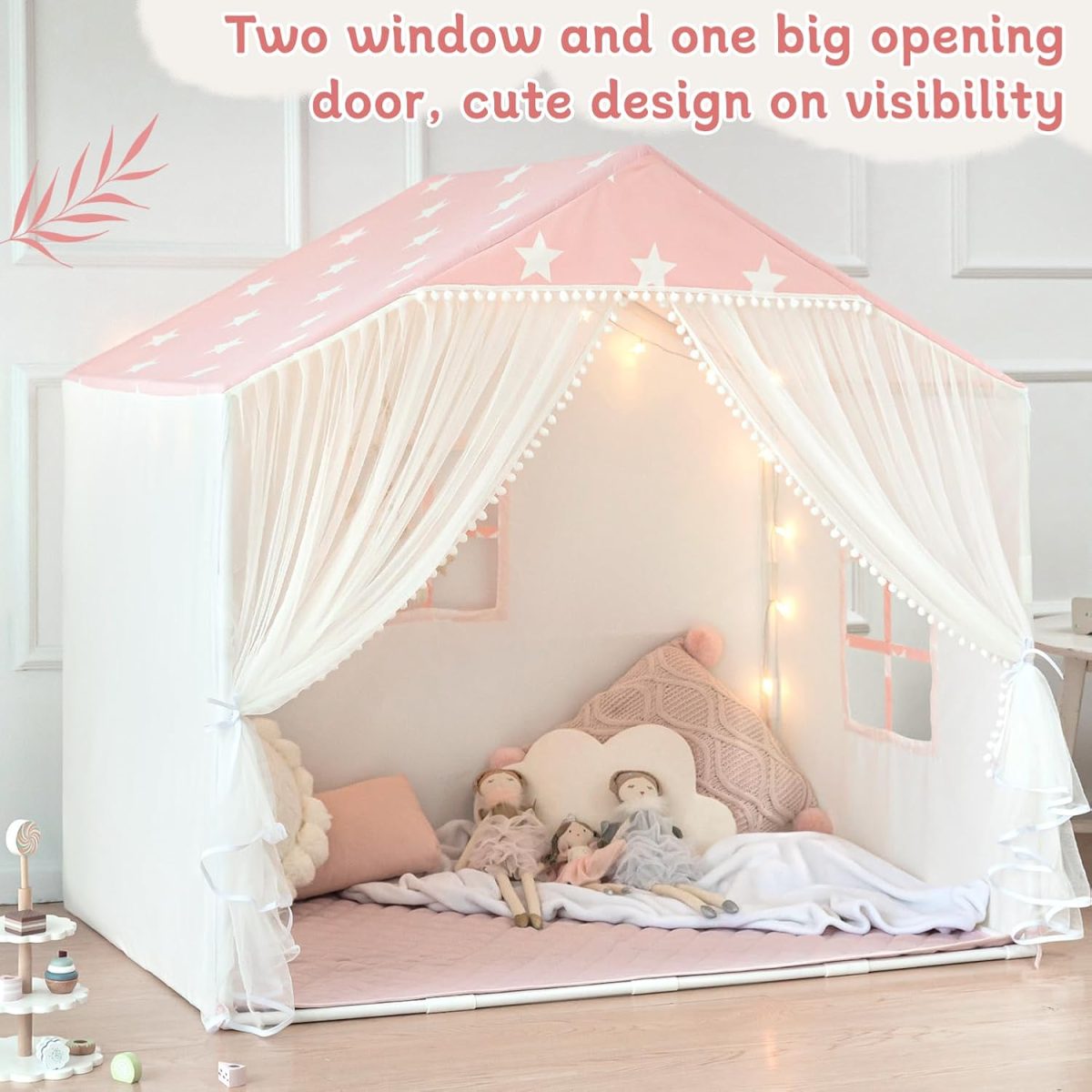 Kids Play Tent with Mat, Large Playhouse Tent with Pompoms Door Curtains, Children Play House for Girls Boys, Indoor Play Cottage (Khaki)